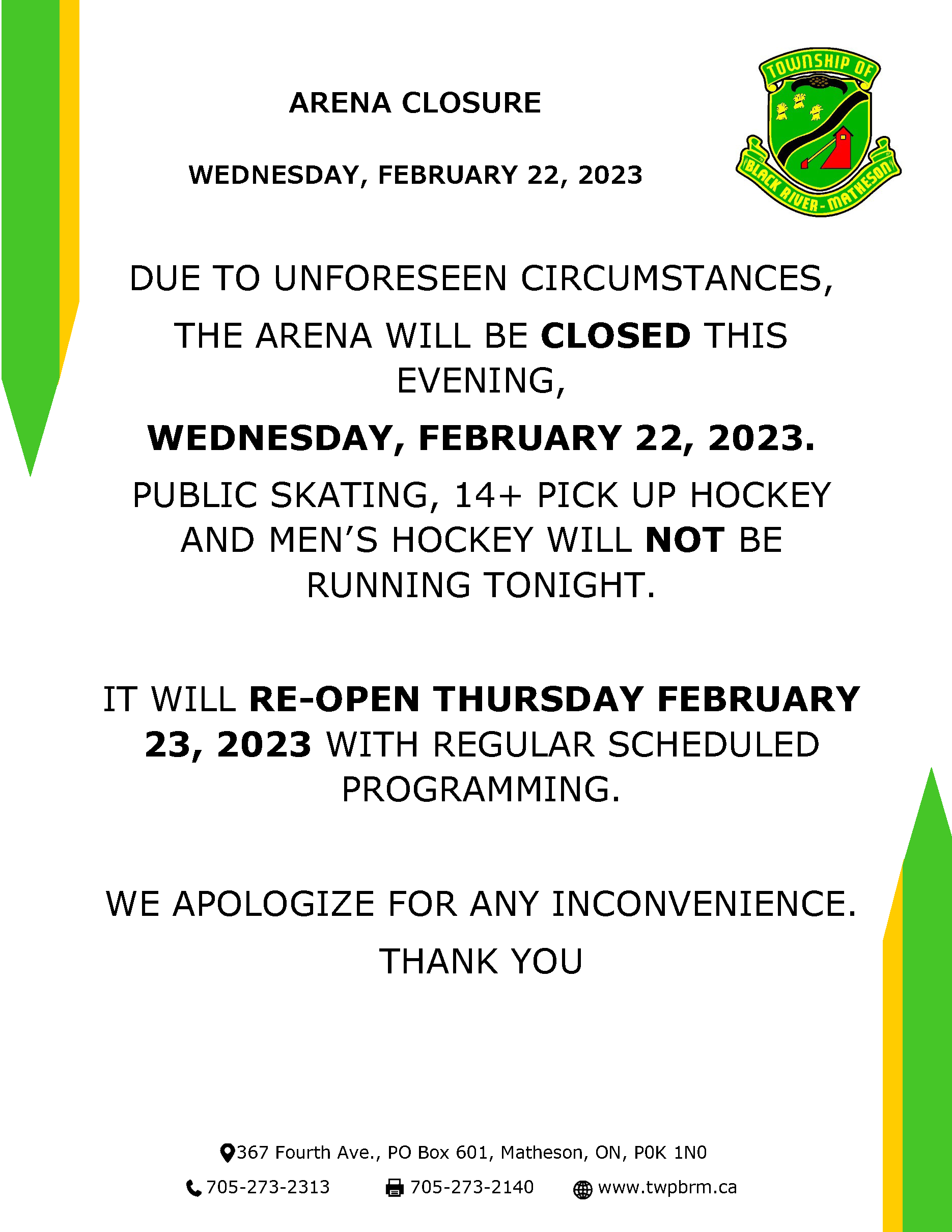 Arena Closure Notice February 22 2023