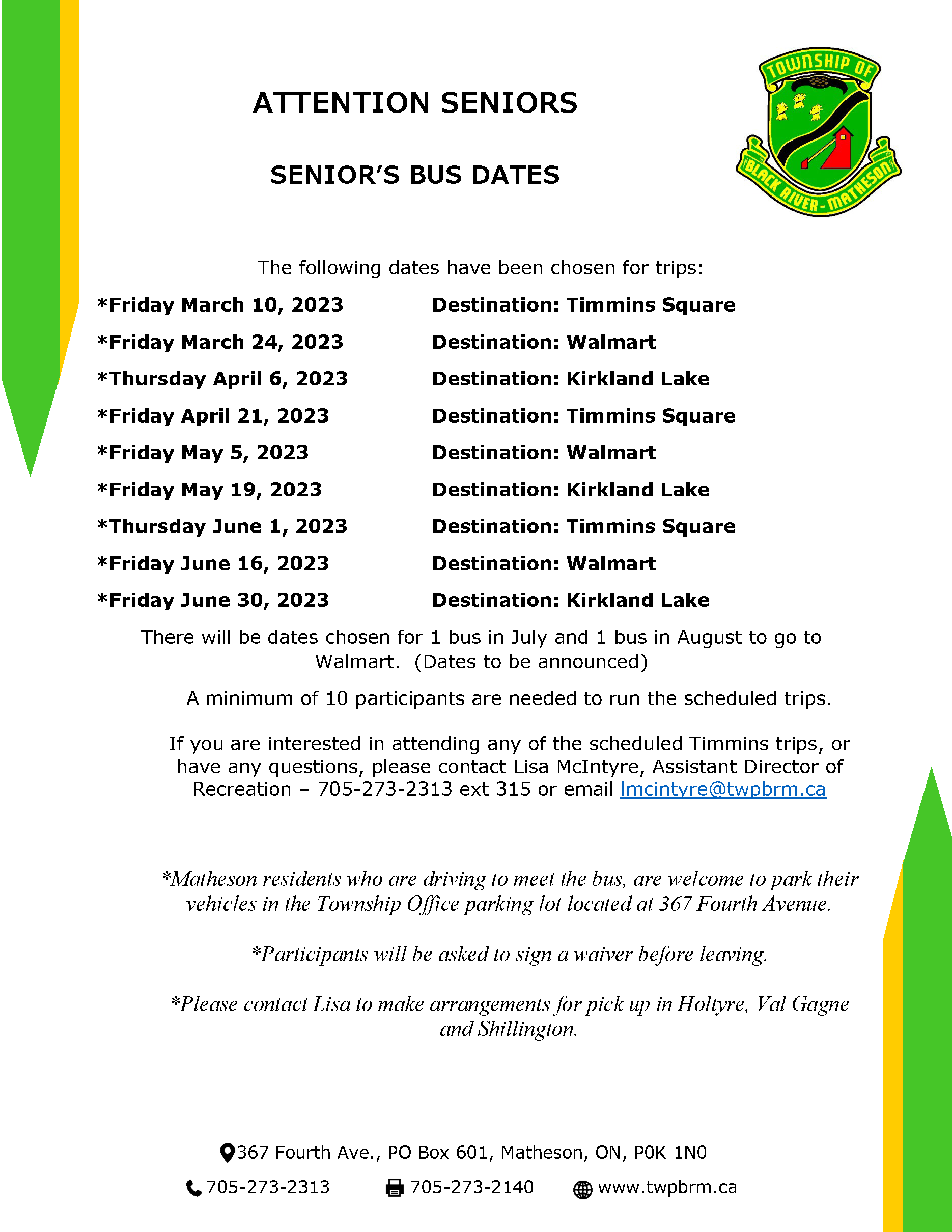 Senior's Bus Dates March June 2023