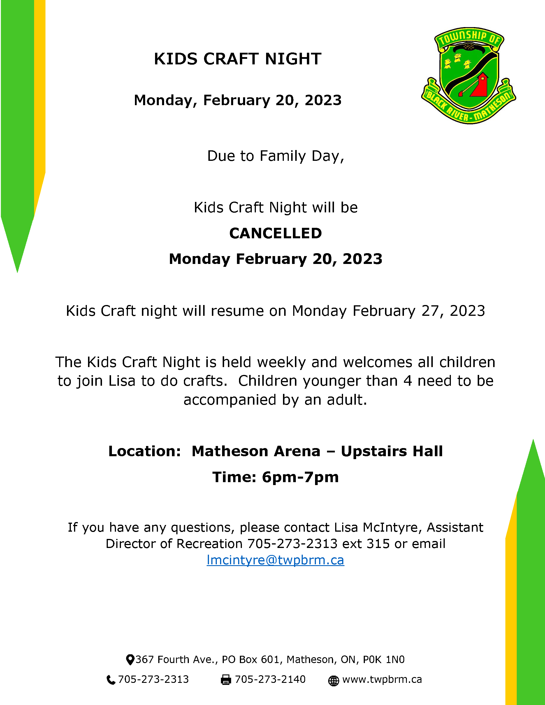 Kids Craft Night Family Day Cancelled