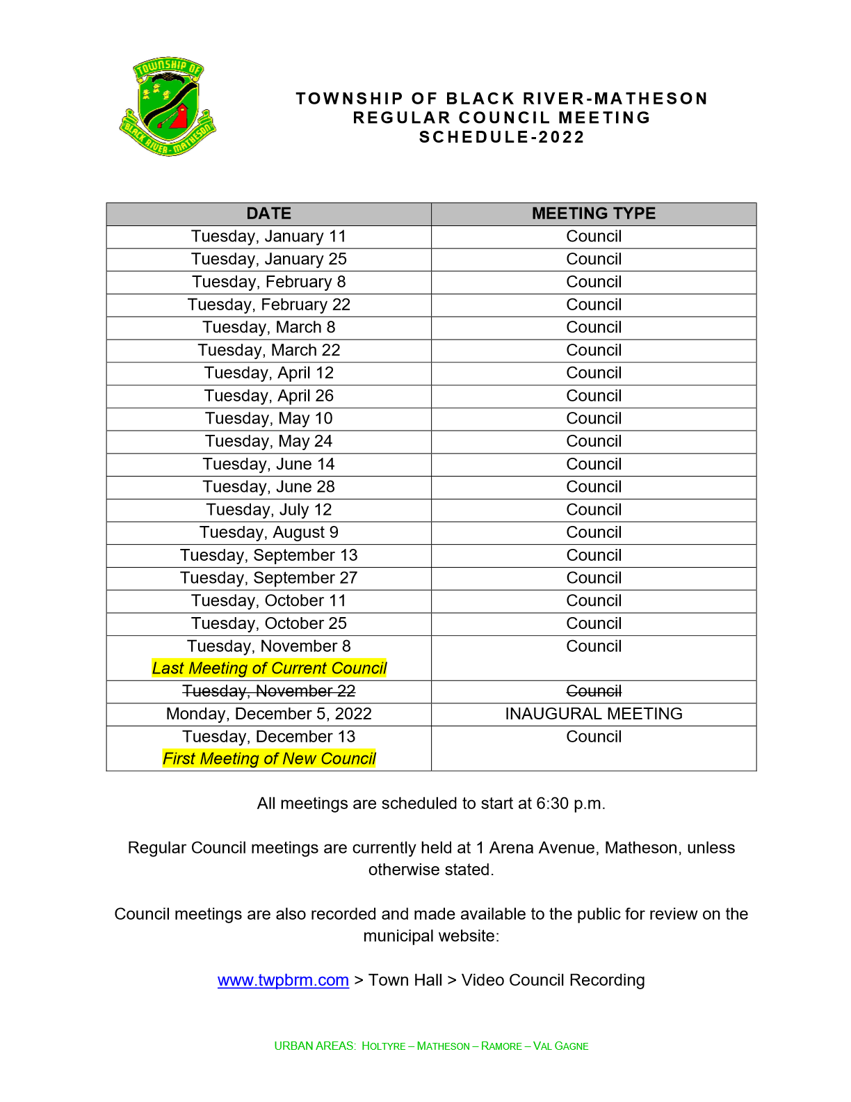 Revised Council Meeting Schedule