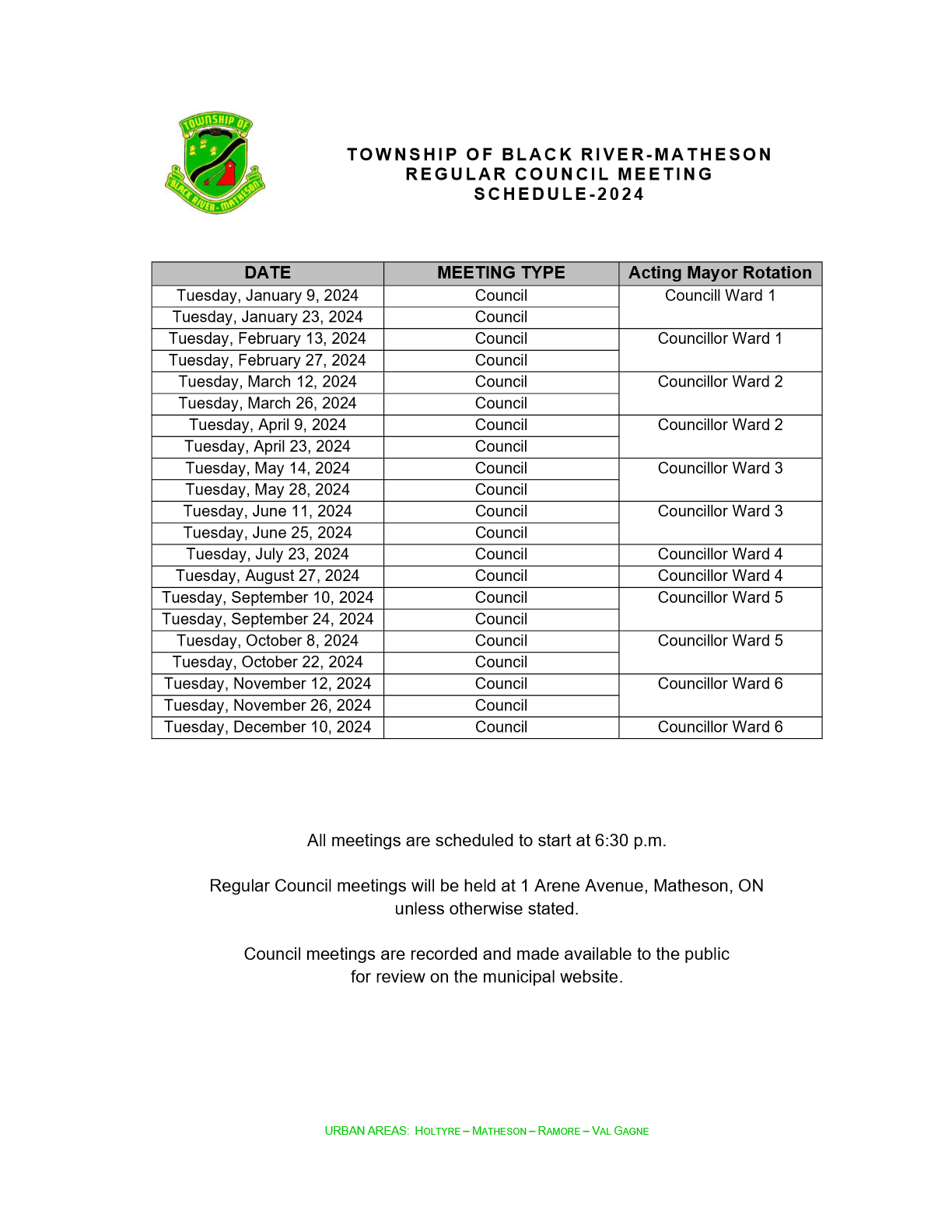 Regular Council Meeting Schedule