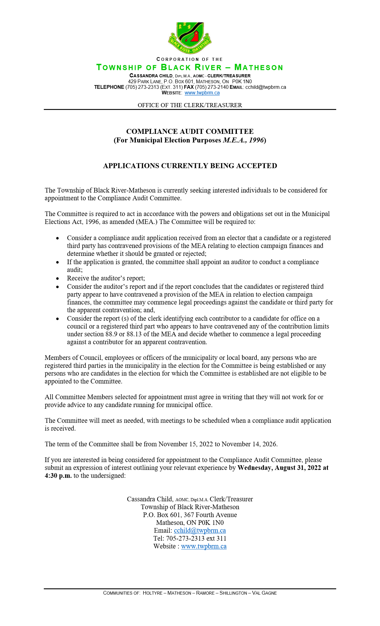 Notice For Compliance Audit Committee Members