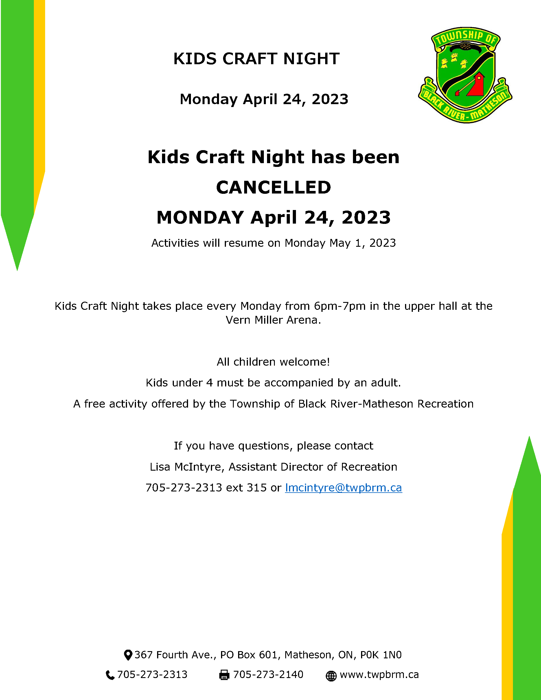 Kids Craft Night Cancelled April 24