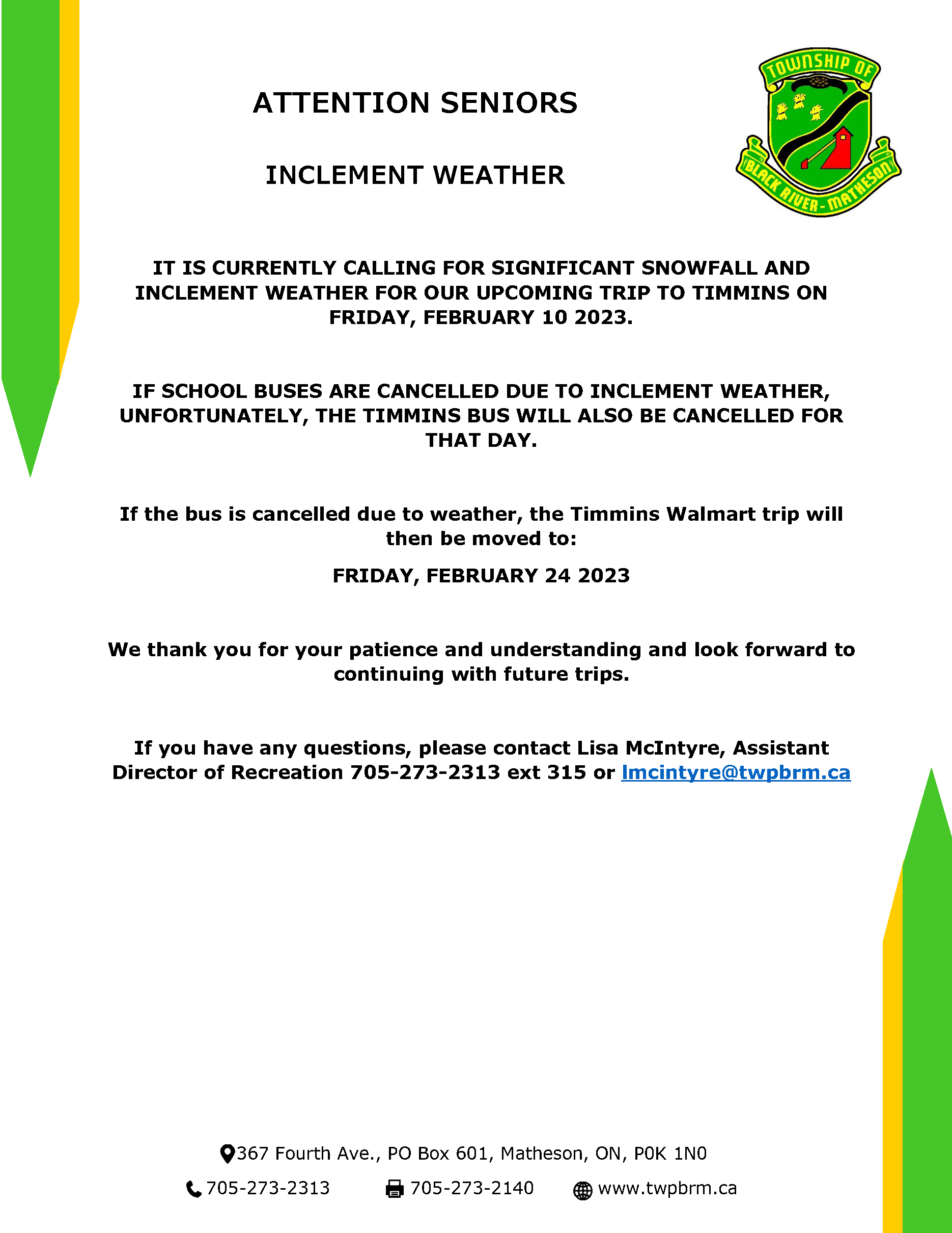 Inclement Weather Senior's Trip February 2023