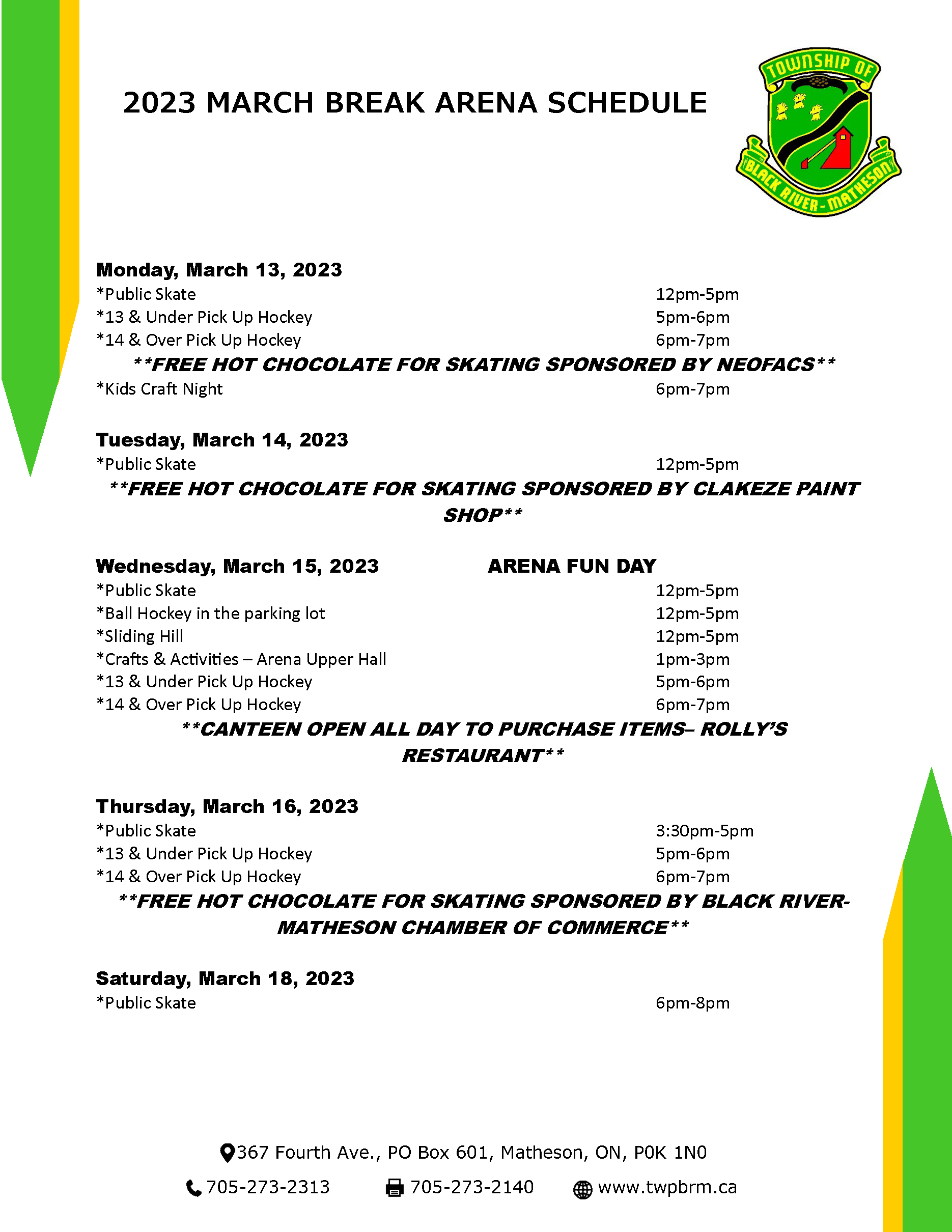 2023 March Break Arena Schedule