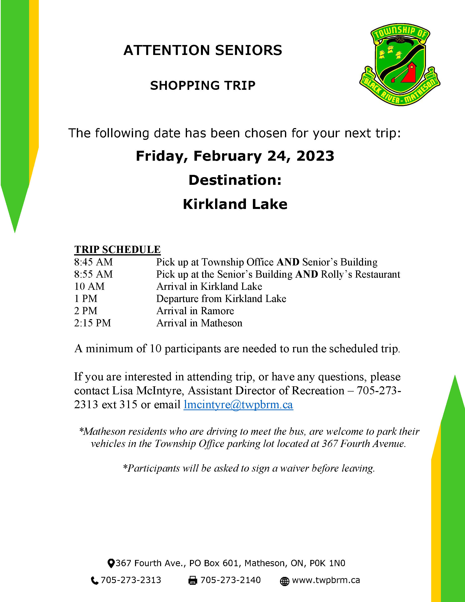 Senior's Trip Kirkland Lake Feb 24