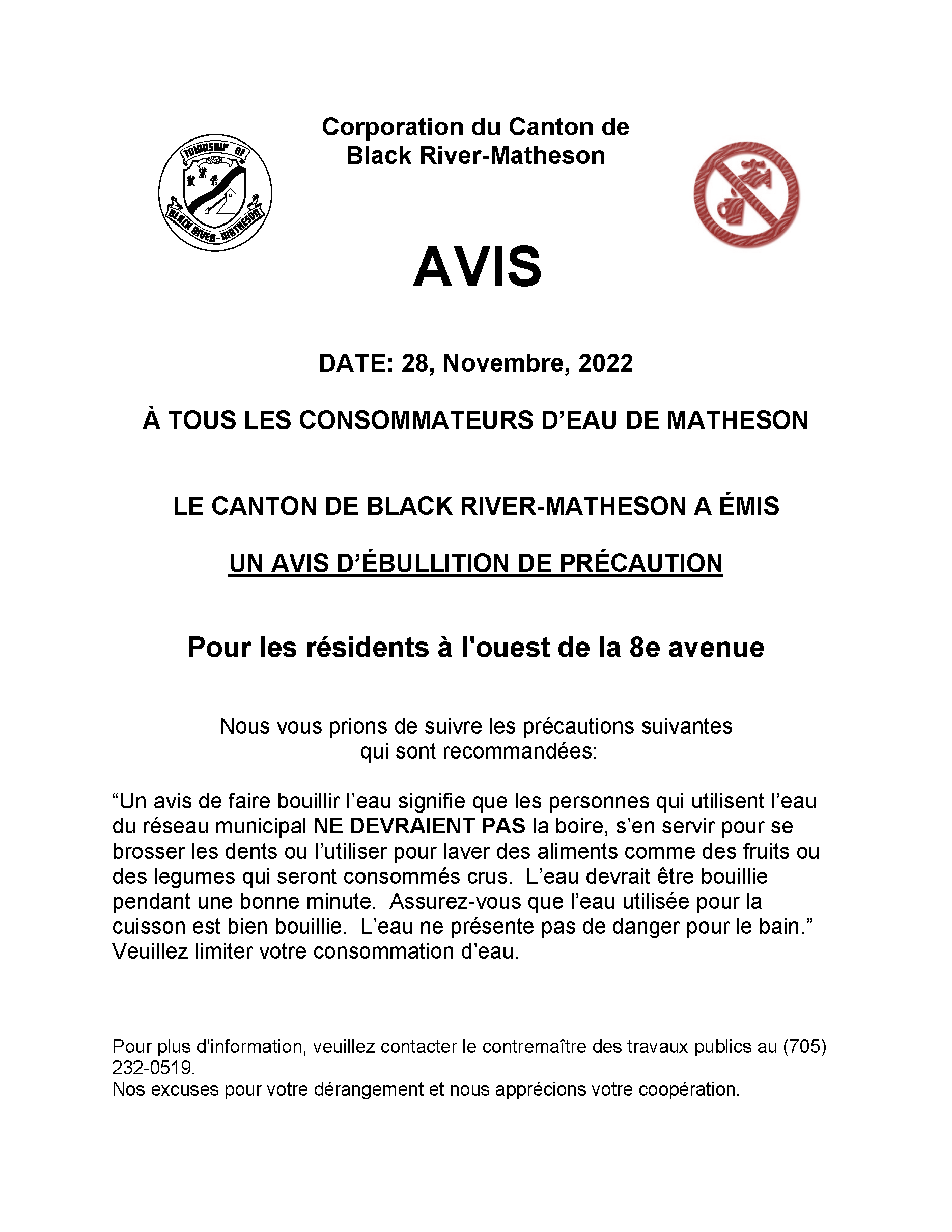 Boil Water Advisory Lifted Township of Black RiverMatheson