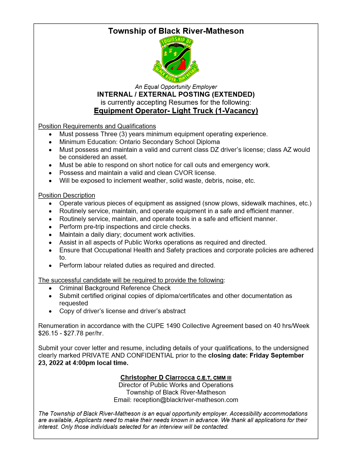 Equipment Operator Light Truck (1-Vacancy)